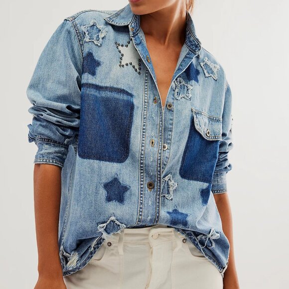 One Teaspoon x Free People Tops - One Teaspoon x Free People Everyday Blue Classic Star Shirt NWT Size XS